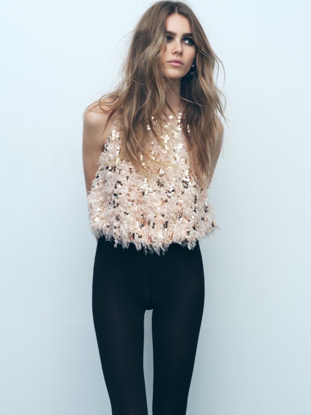 Sequin & Feather Crop Tank Top in Blush